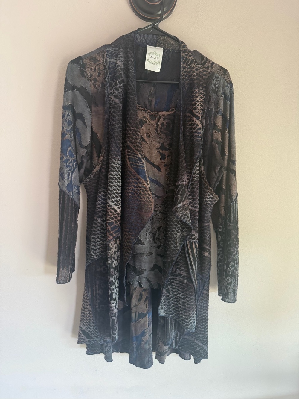 Fleur de Lis Layered Open Front Cardigan & Tank Set Blue Mixed Pattern Small